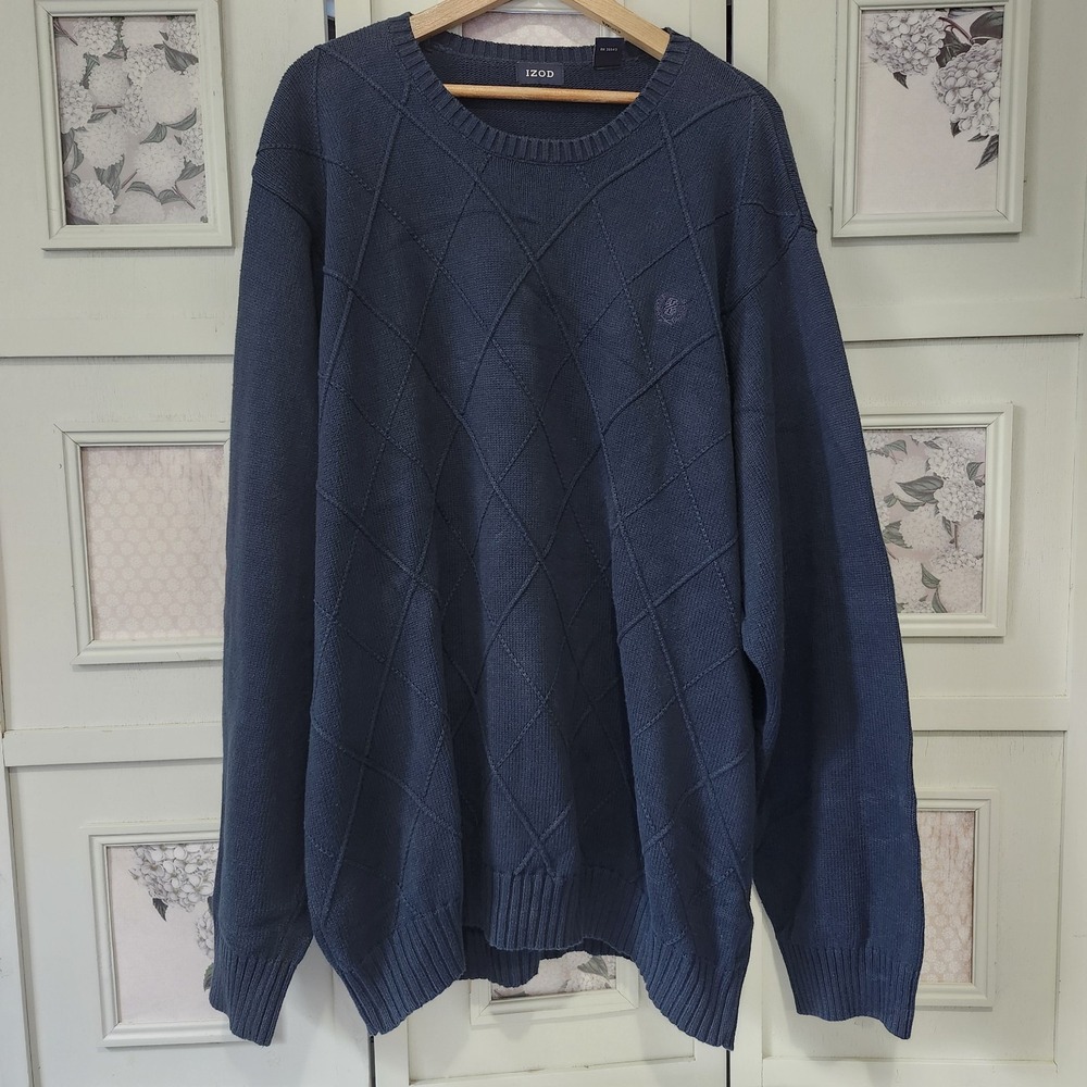 IZOD Men's 2XLT Navy Blue Cotton Sweater Argyle Diamond‎ Knit Big Tall